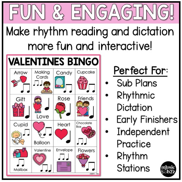 Valentines Day Music Bingo Game Activities for Quarter & Eighth Notes Centers