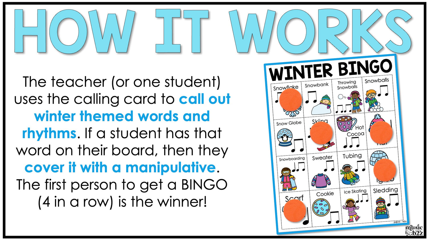 Winter Music Bingo Game Activities for Quarter & Eighth Notes Centers Sub Plans