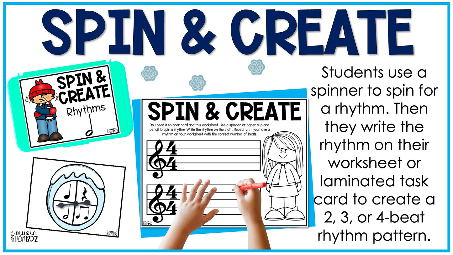 Winter Music Task Cards - Music Rhythm Worksheet - January Music Lesson