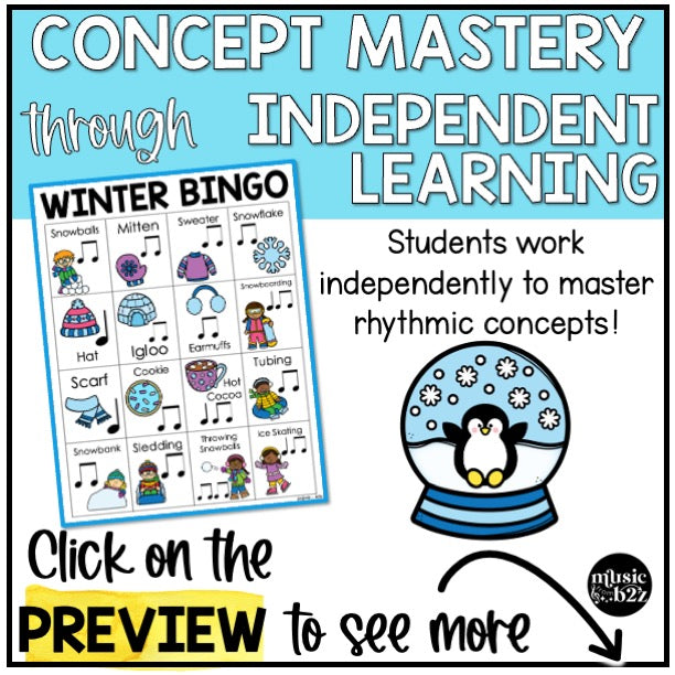 Winter Music Bingo Game Activities for Quarter & Eighth Notes Centers Sub Plans