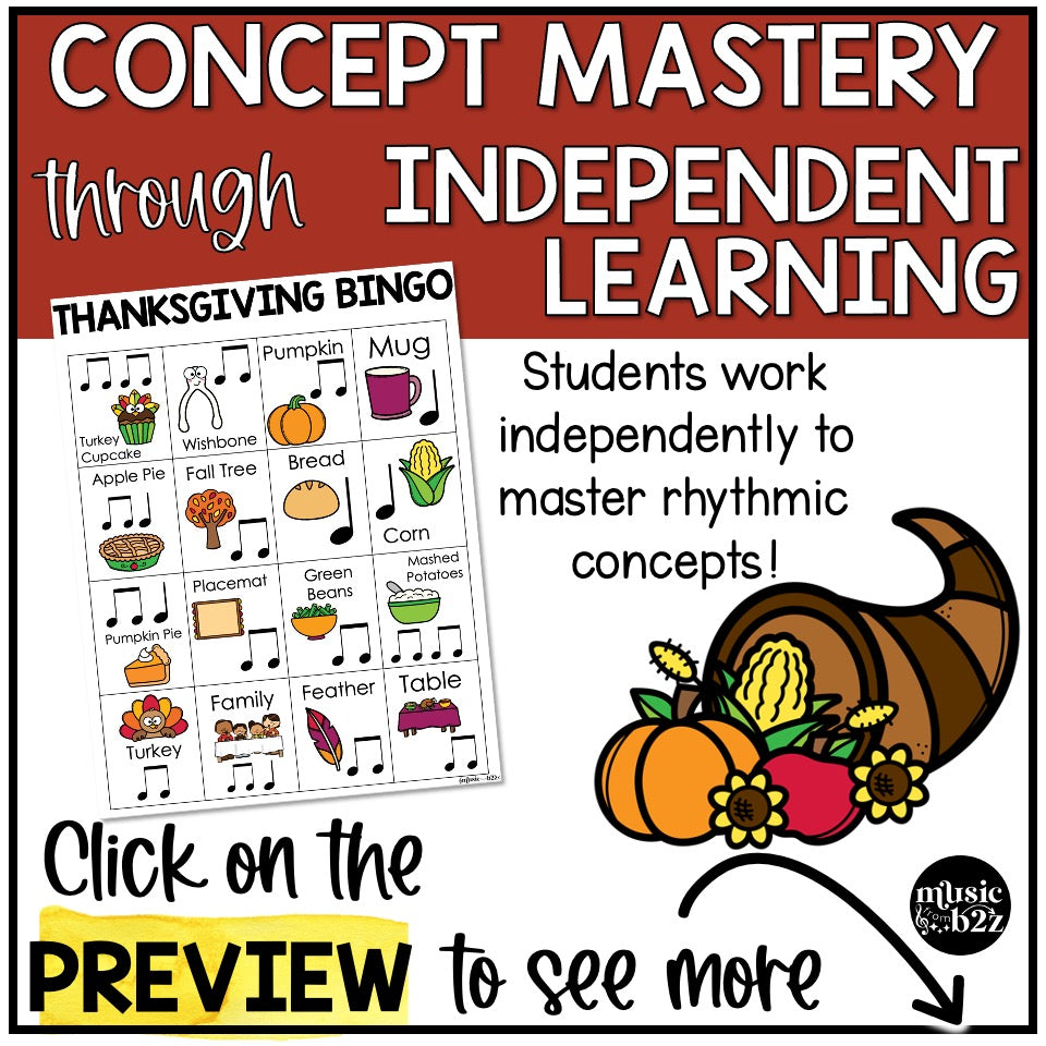 Thanksgiving Music Bingo Game Activities for Quarter & Eighth Notes Centers