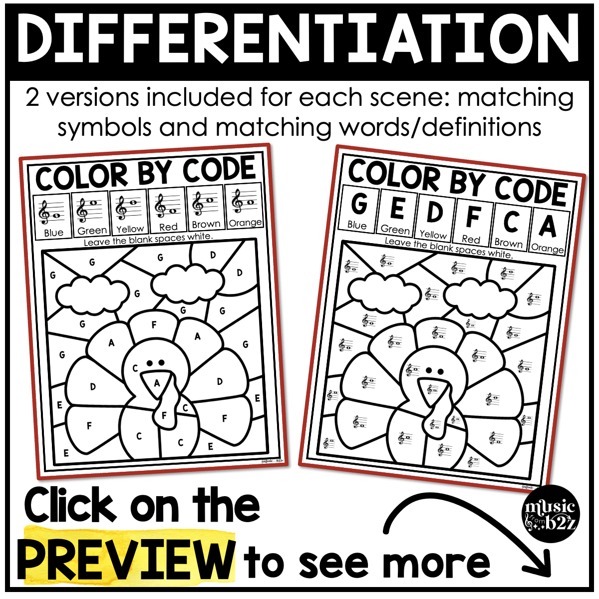 Thanksgiving Music Coloring Color by Note Turkey Music Worksheets Treble Clef