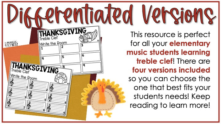 Thanksgiving Treble Clef Notes Music Write the Room Game & Turkey Scavenger Hunt