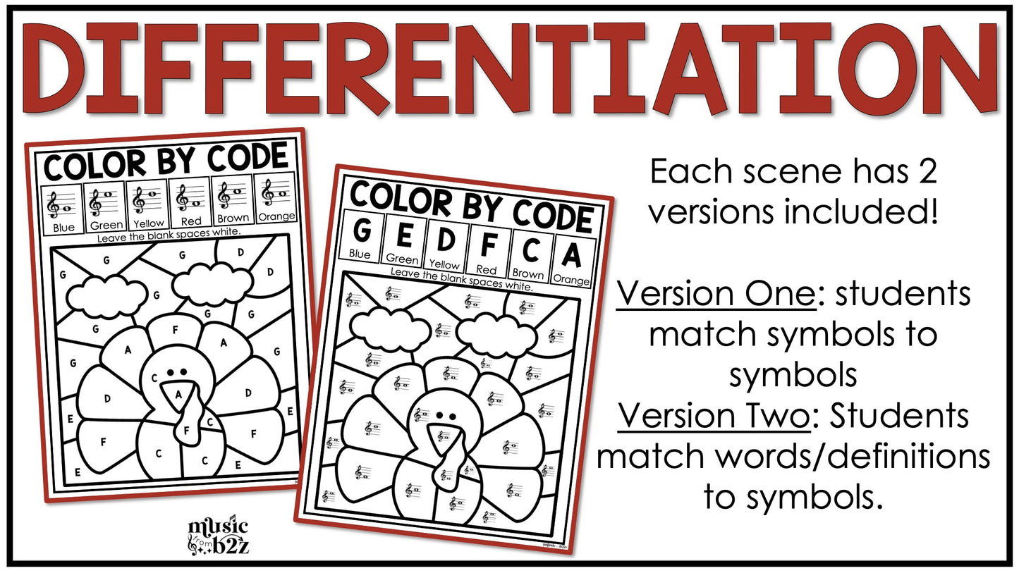 Thanksgiving Music Coloring Color by Note Turkey Music Worksheets Treble Clef