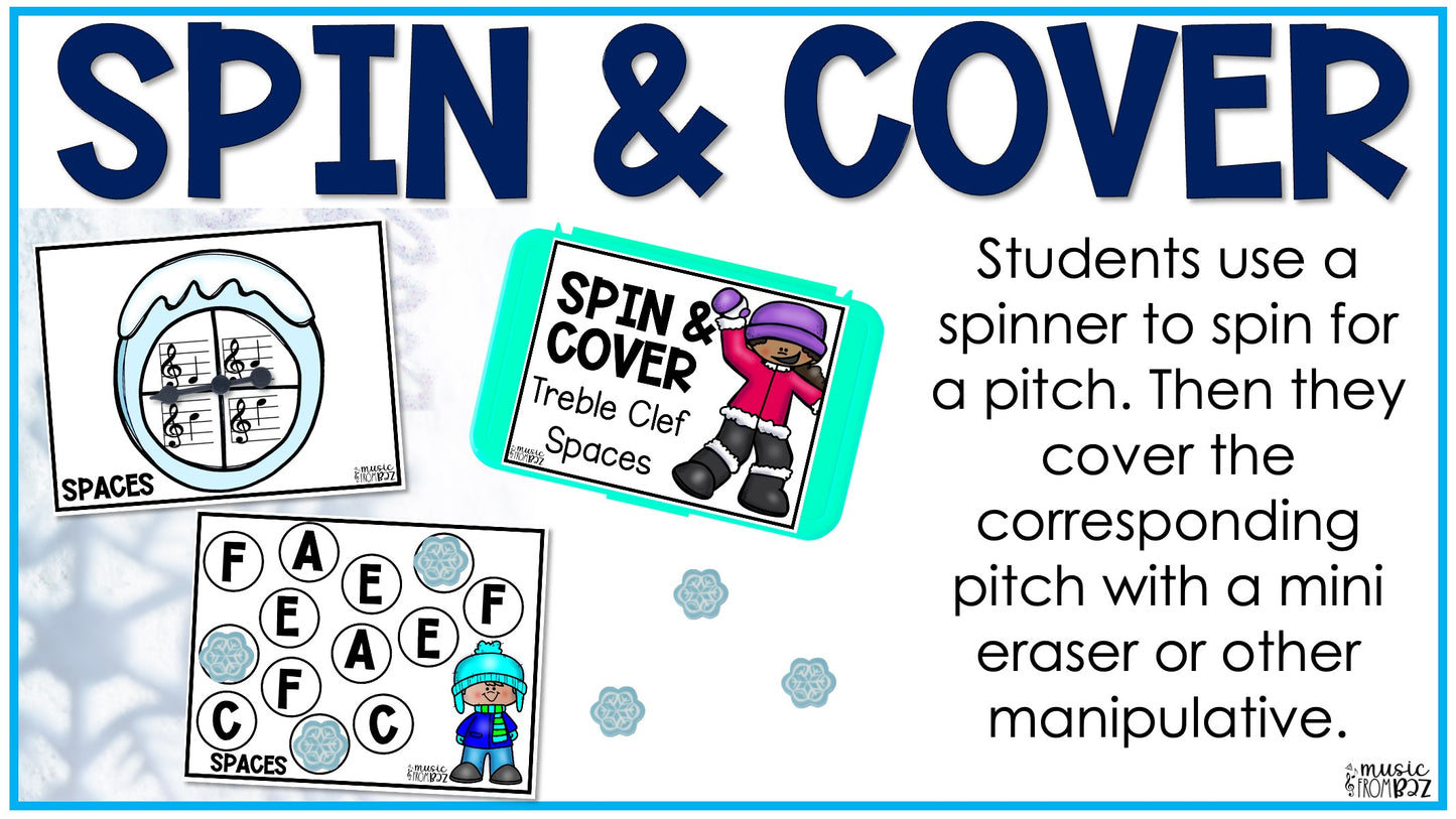 Winter Music Activities - Music Task Cards - Treble Clef Worksheet & Stations