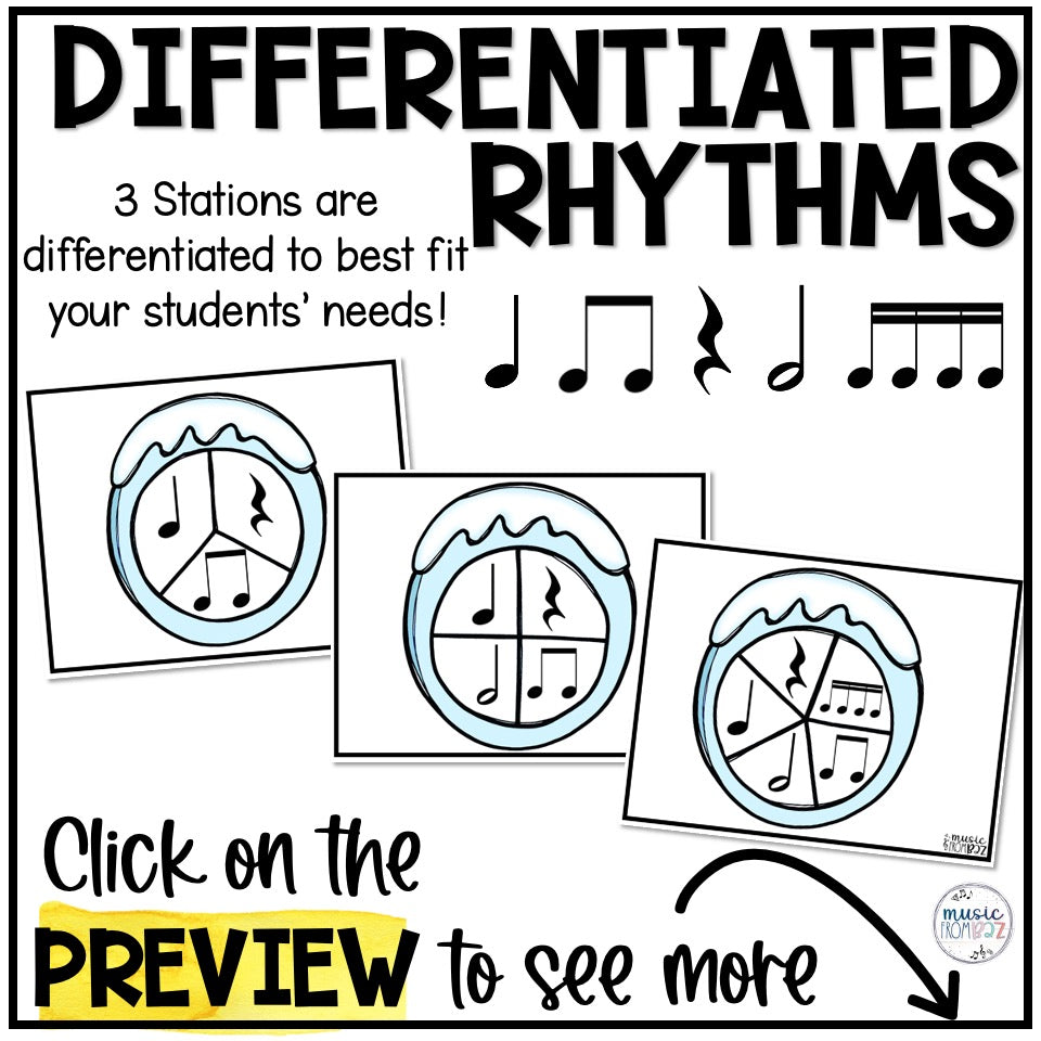 Winter Music Task Cards - Music Rhythm Worksheet - January Music Lesson