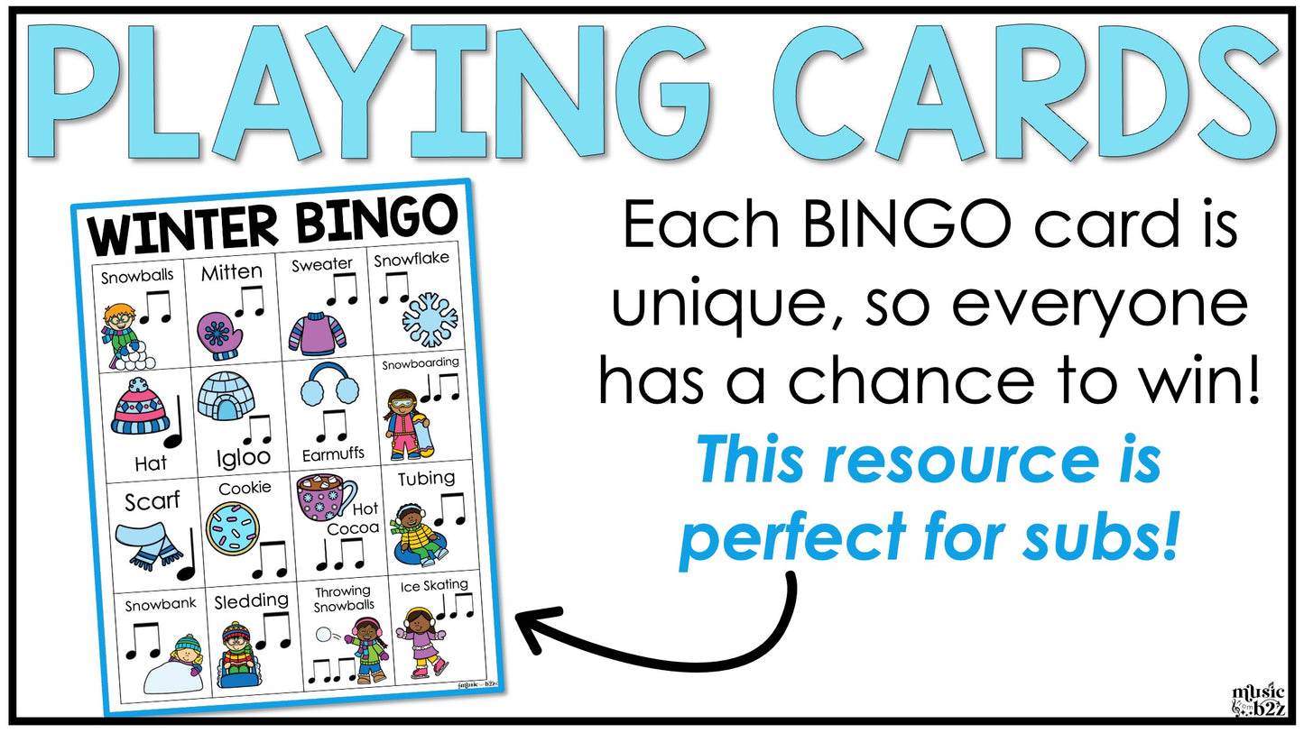 Winter Music Bingo Game Activities for Quarter & Eighth Notes Centers Sub Plans