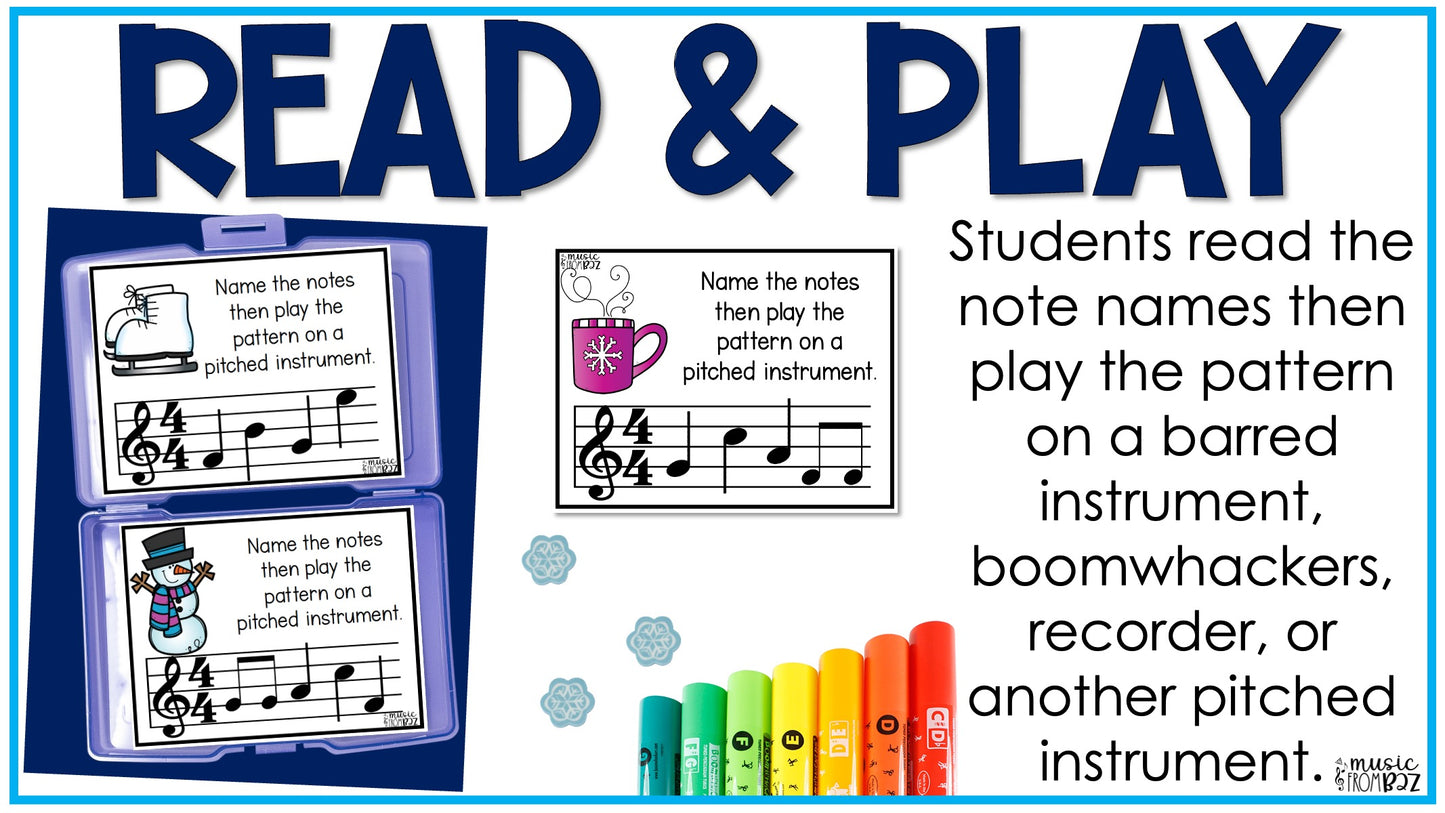 Winter Music Activities - Music Task Cards - Treble Clef Worksheet & Stations