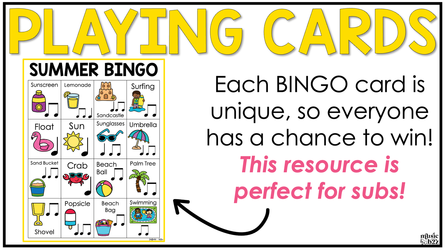 Summer Music Bingo Game Rhythm Bingo Game for Quarter & Eighth Notes Centers