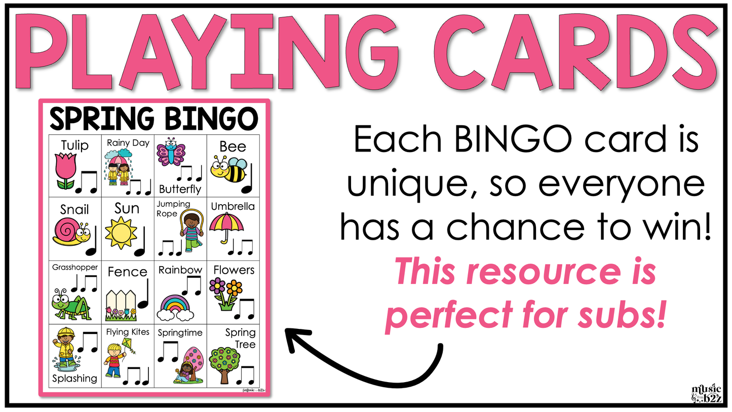 Spring Music Bingo Game Activities for Quarter & Eighth Notes Centers Rhythm