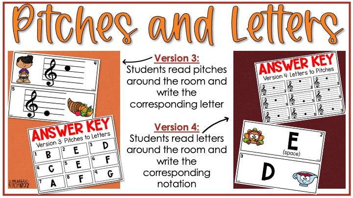 Thanksgiving Treble Clef Notes Music Write the Room Game & Turkey Scavenger Hunt