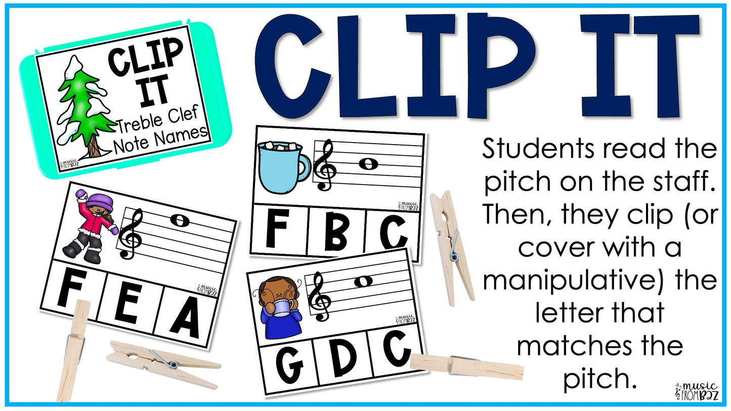 Winter Music Activities - Music Task Cards - Treble Clef Worksheet & Stations