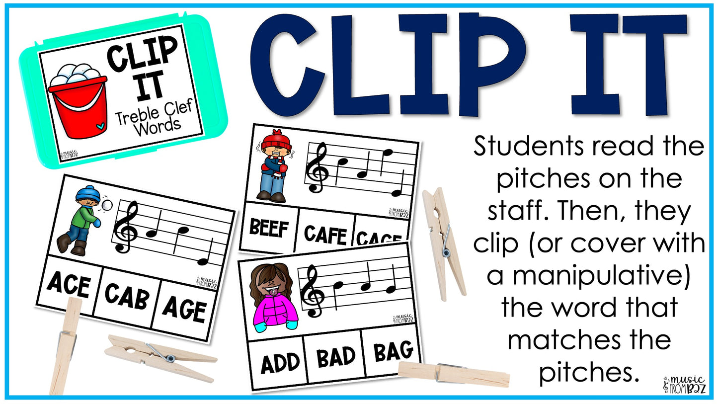 Winter Music Activities - Music Task Cards - Treble Clef Worksheet & Stations