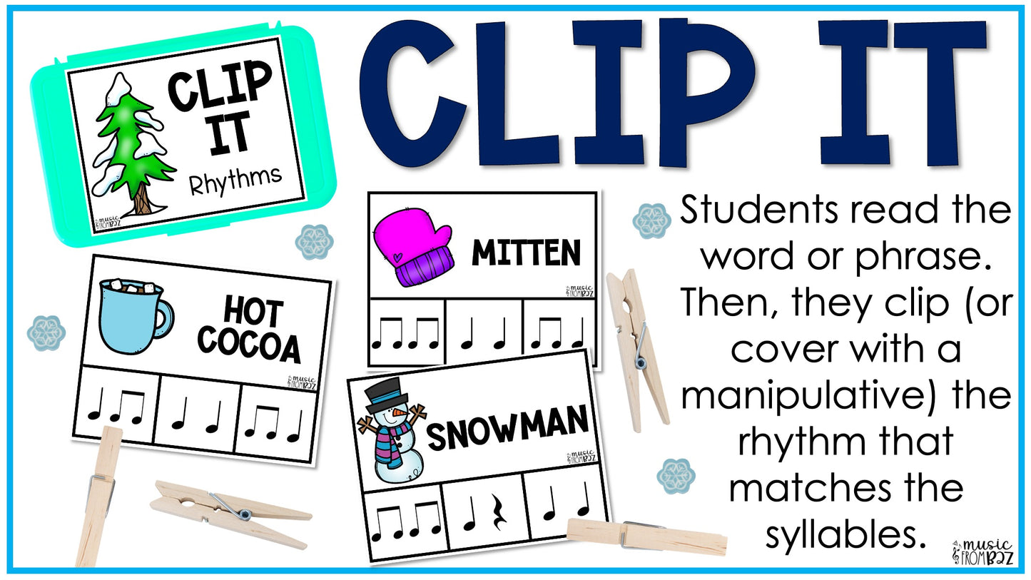Winter Music Task Cards - Music Rhythm Worksheet - January Music Lesson