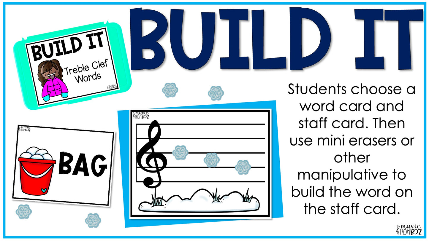 Winter Music Activities - Music Task Cards - Treble Clef Worksheet & Stations