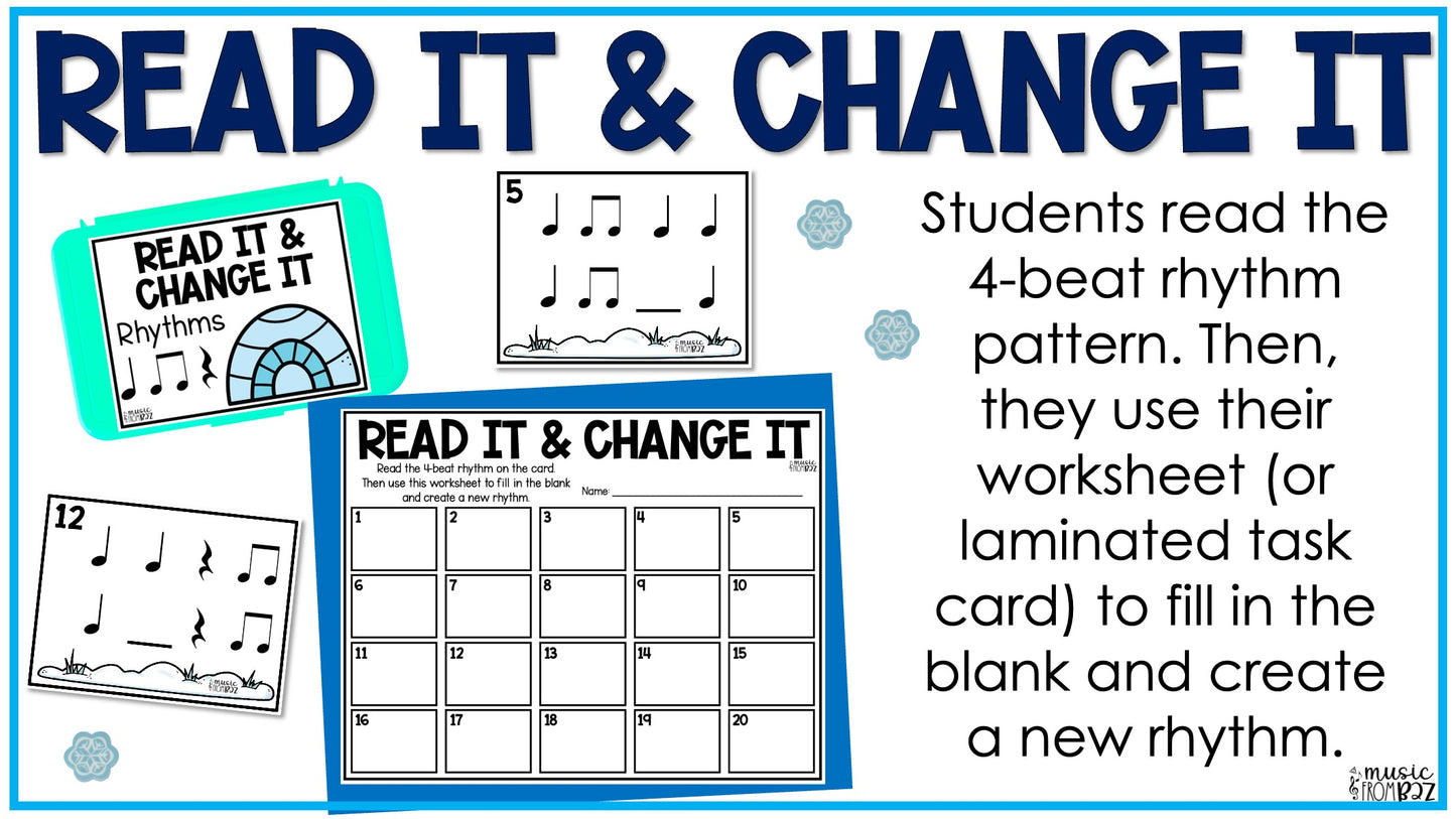 Winter Music Task Cards - Music Rhythm Worksheet - January Music Lesson