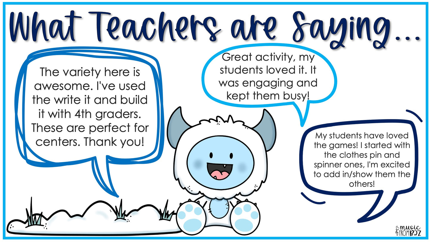 Winter Music Activities - Music Task Cards - Treble Clef Worksheet & Stations