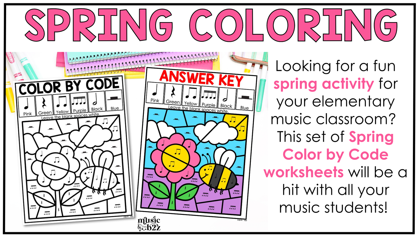 Spring Music Coloring Page BUNDLE Color by Note Spring Music Worksheets