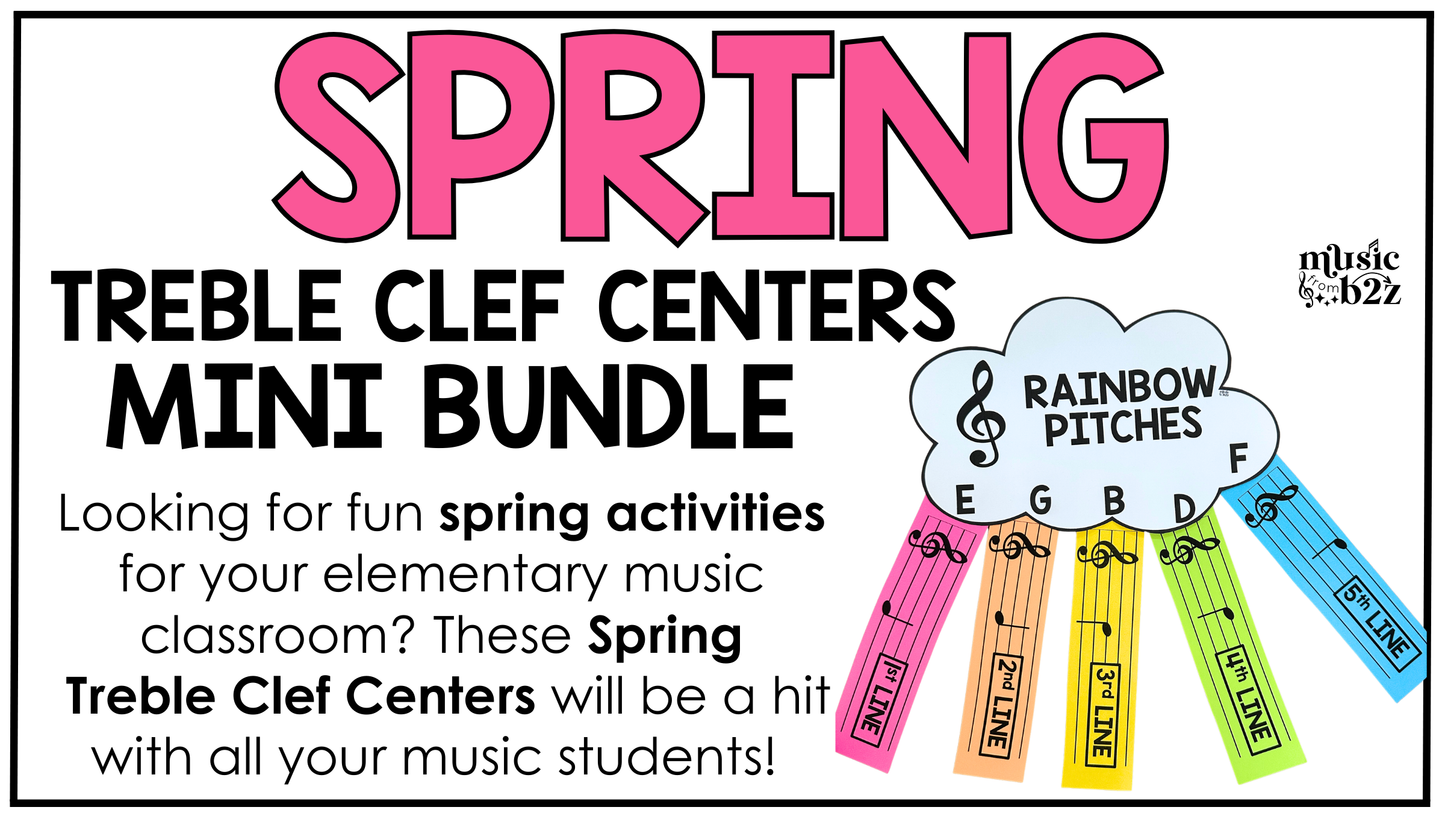Spring Music Centers BUNDLE Spring Treble Clef Worksheets Music Games Sub Plans