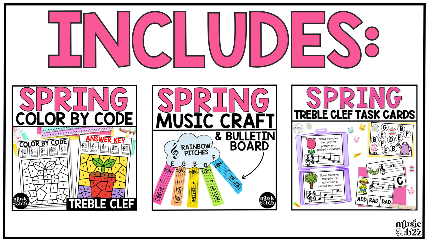 Spring Music Centers BUNDLE Spring Treble Clef Worksheets Music Games Sub Plans