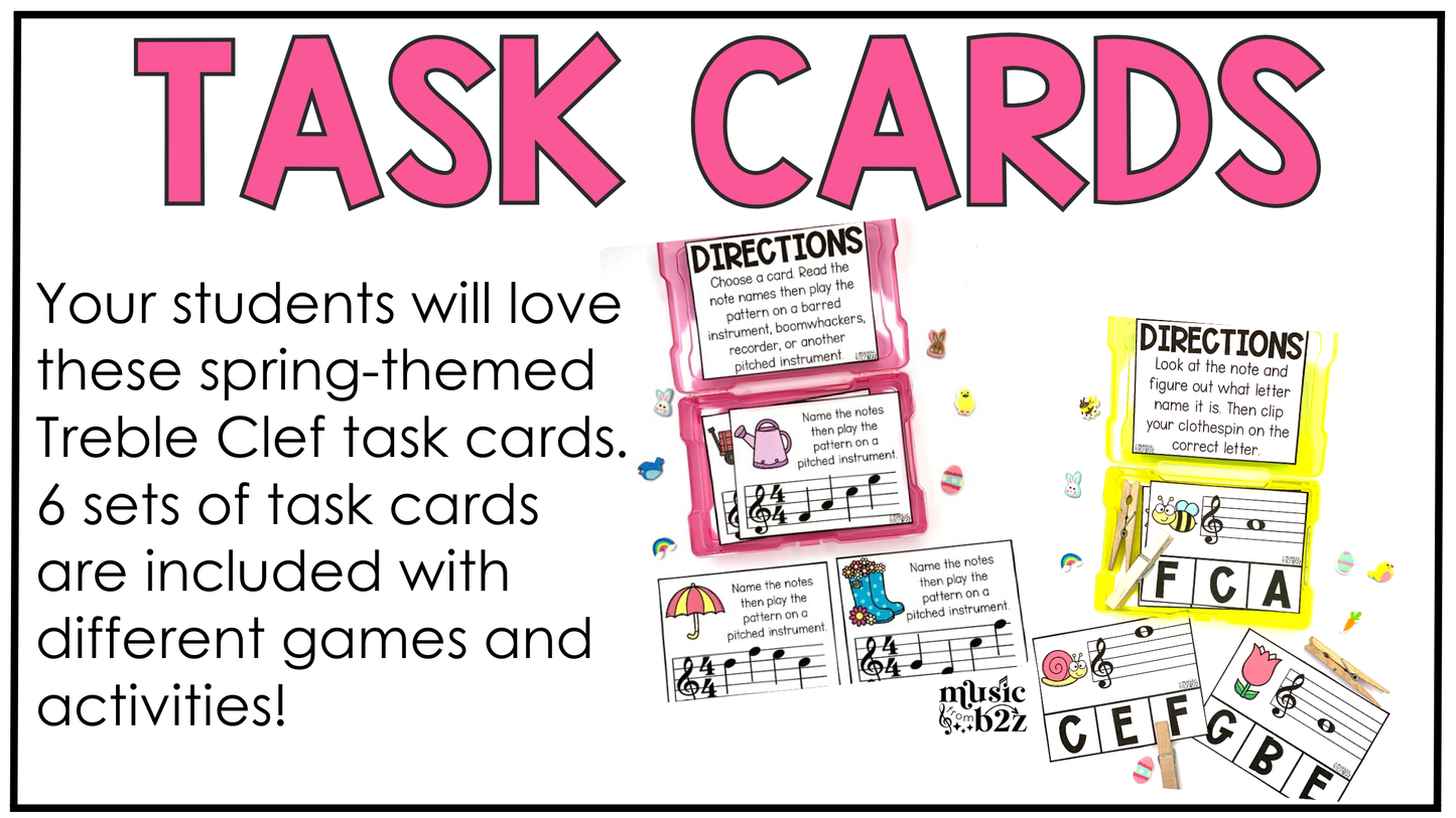 Spring Music Centers BUNDLE Spring Treble Clef Worksheets Music Games Sub Plans