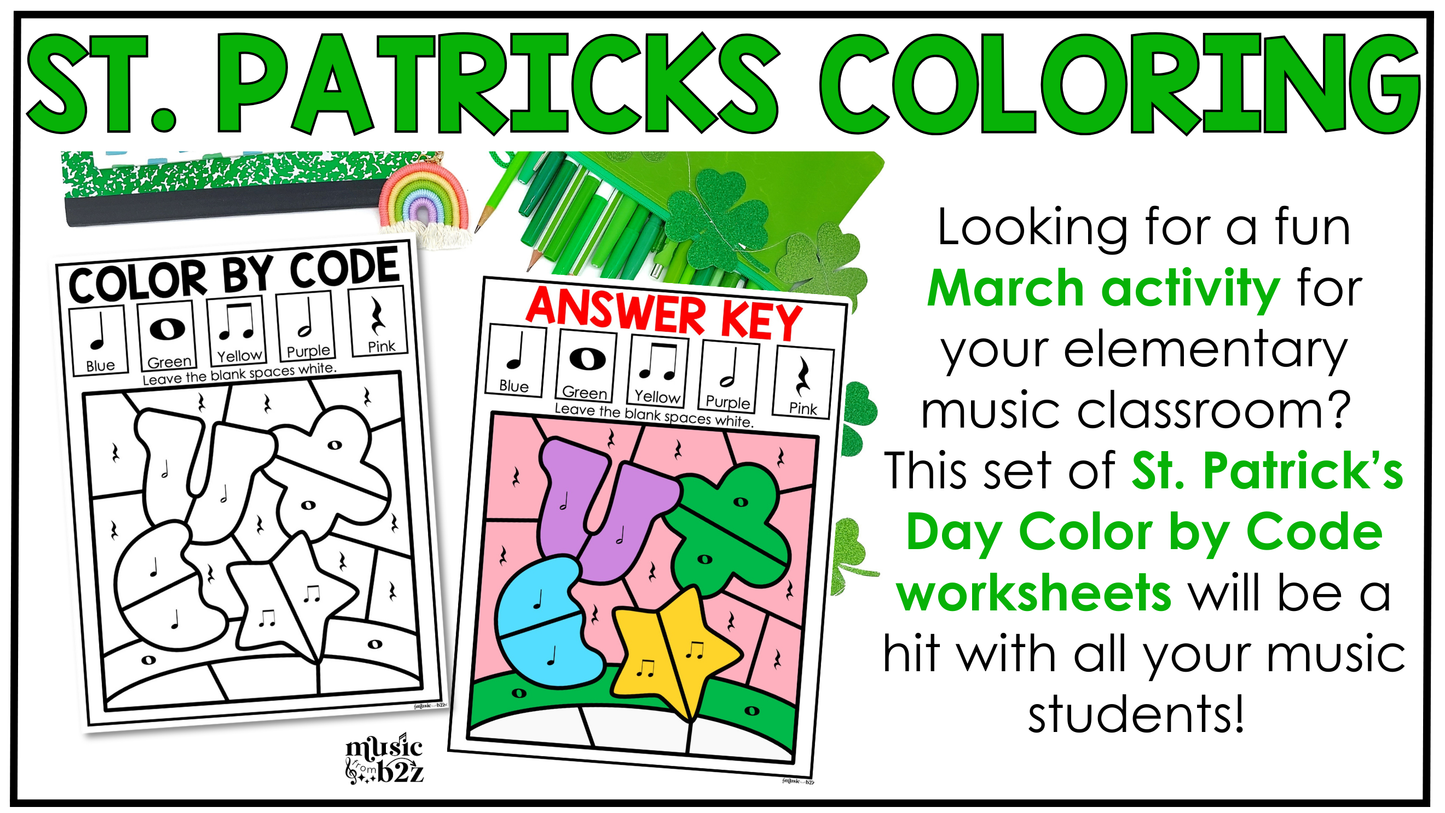 St. Patrick's Day Music Coloring Page BUNDLE Color by Note Music Worksheets
