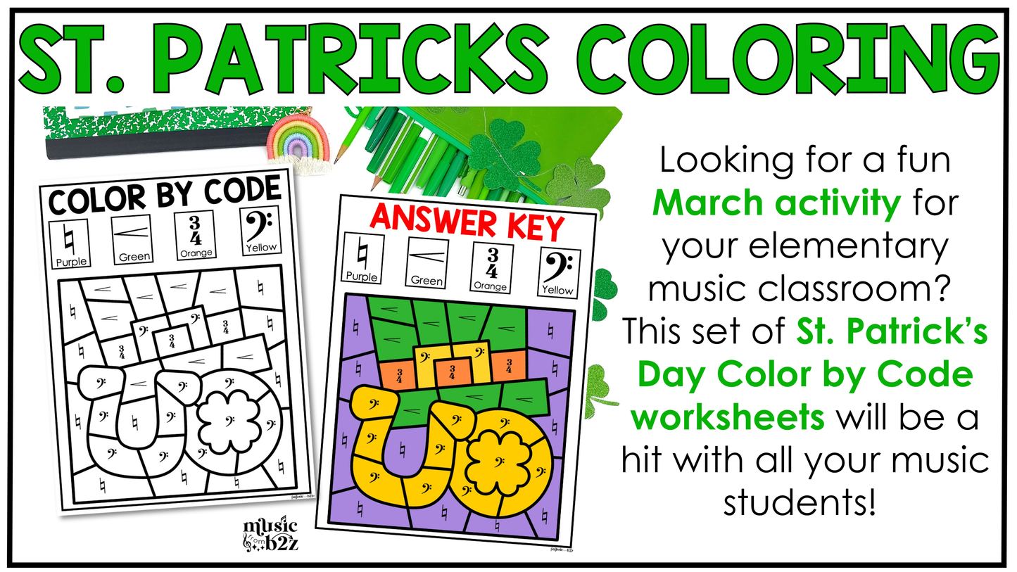 St. Patrick's Day Music Coloring Color by Note Music Worksheets Music Symbols