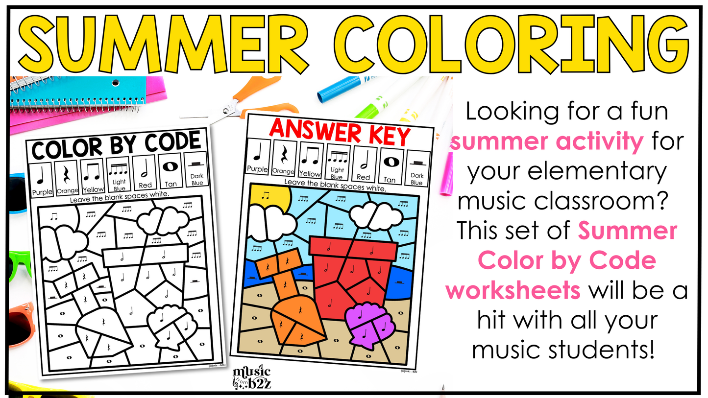 Summer Music Coloring Page BUNDLE Color by Note Summer Music Worksheets