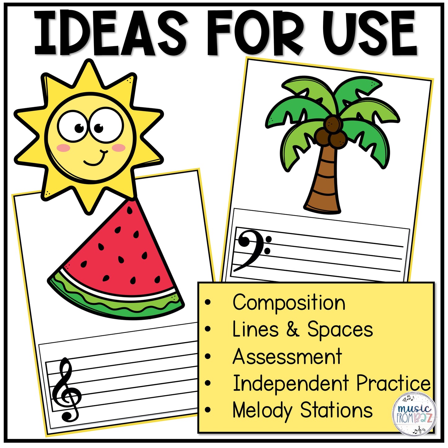 Summer Treble Clef & Bass Clef Charts Lines & Spaces Worksheet Music Worksheets Elementary Music Centers & Games