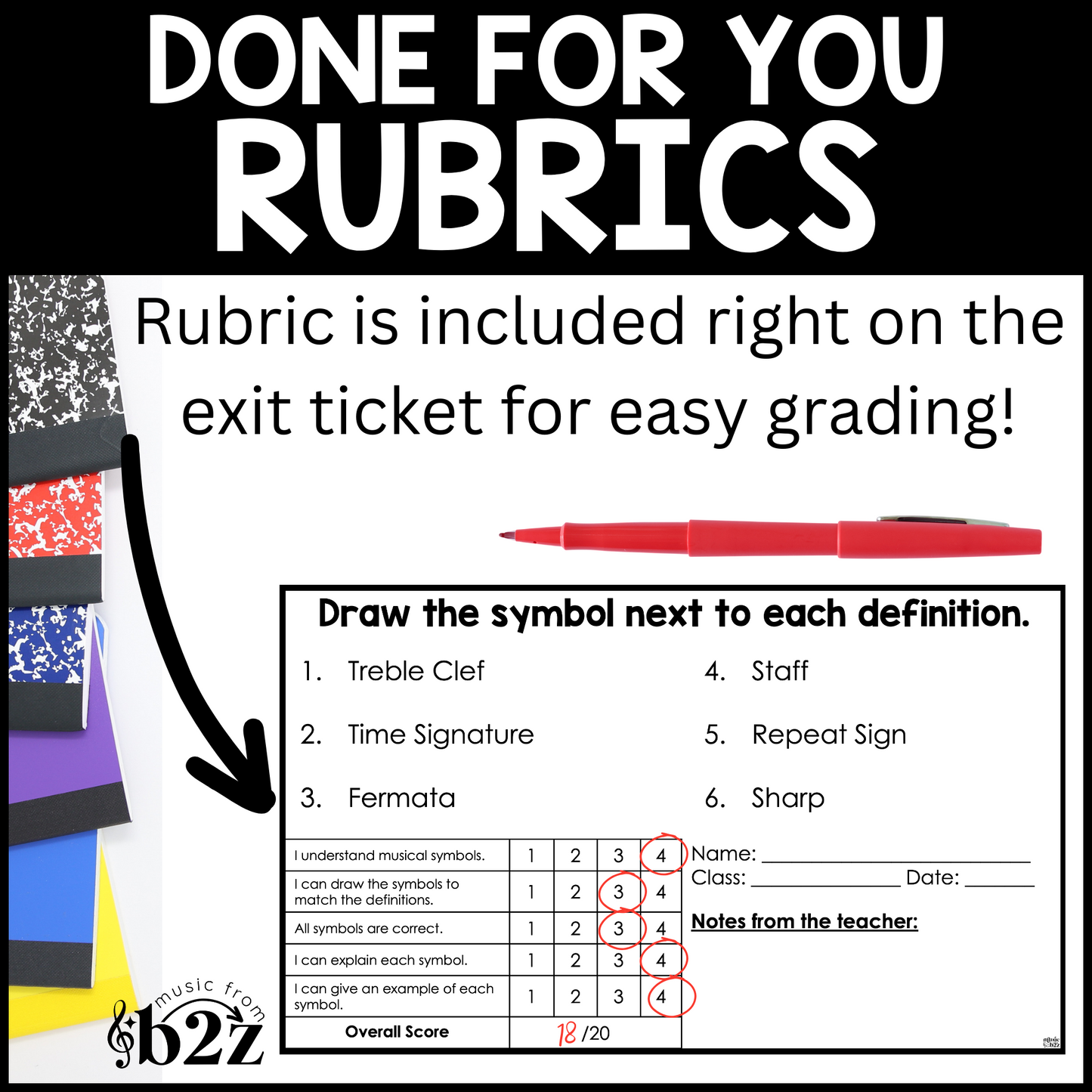 Music Symbols Exit Tickets & Rubrics Editable Elementary Music Assessment