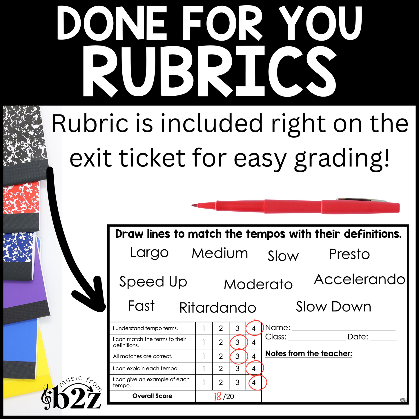 Tempo Exit Tickets & Rubrics Editable Elementary Music Assessment Exit Slips