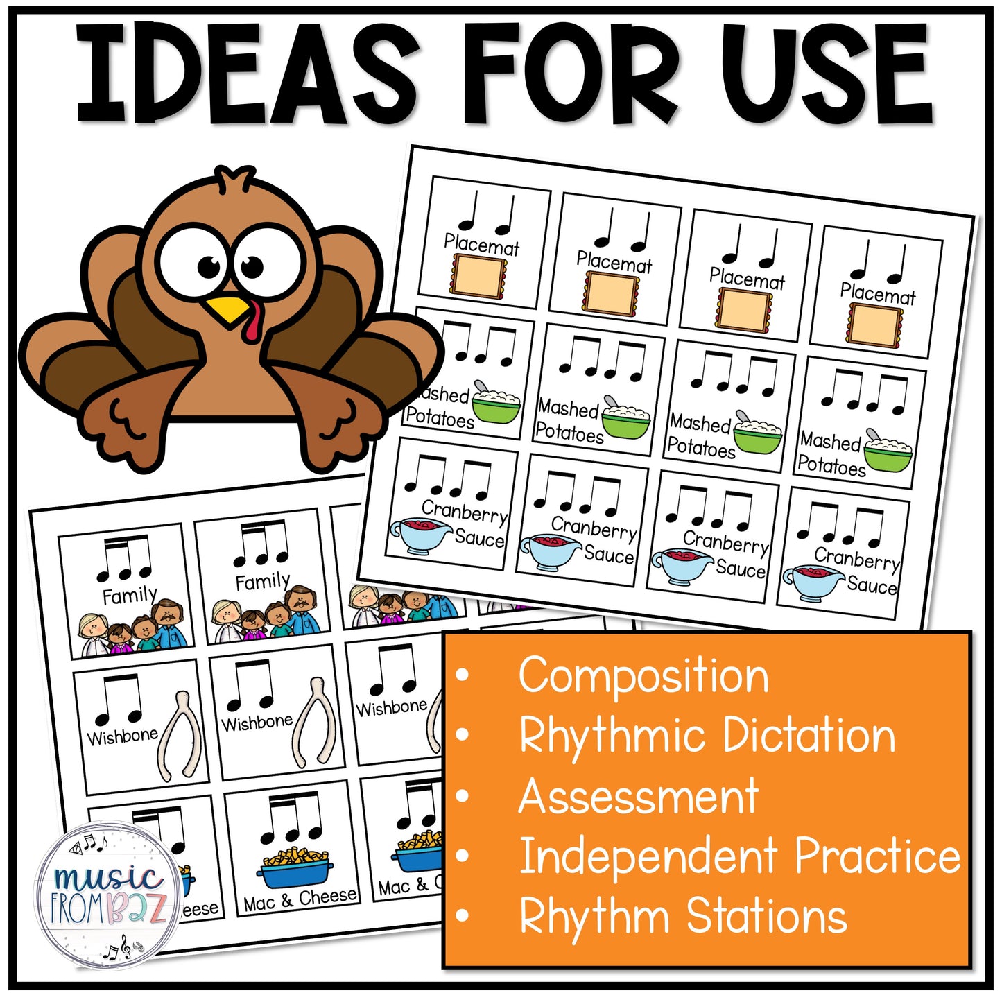 Thanksgiving Elementary Music Composition Rhythm Cards Worksheets & Beat Strips