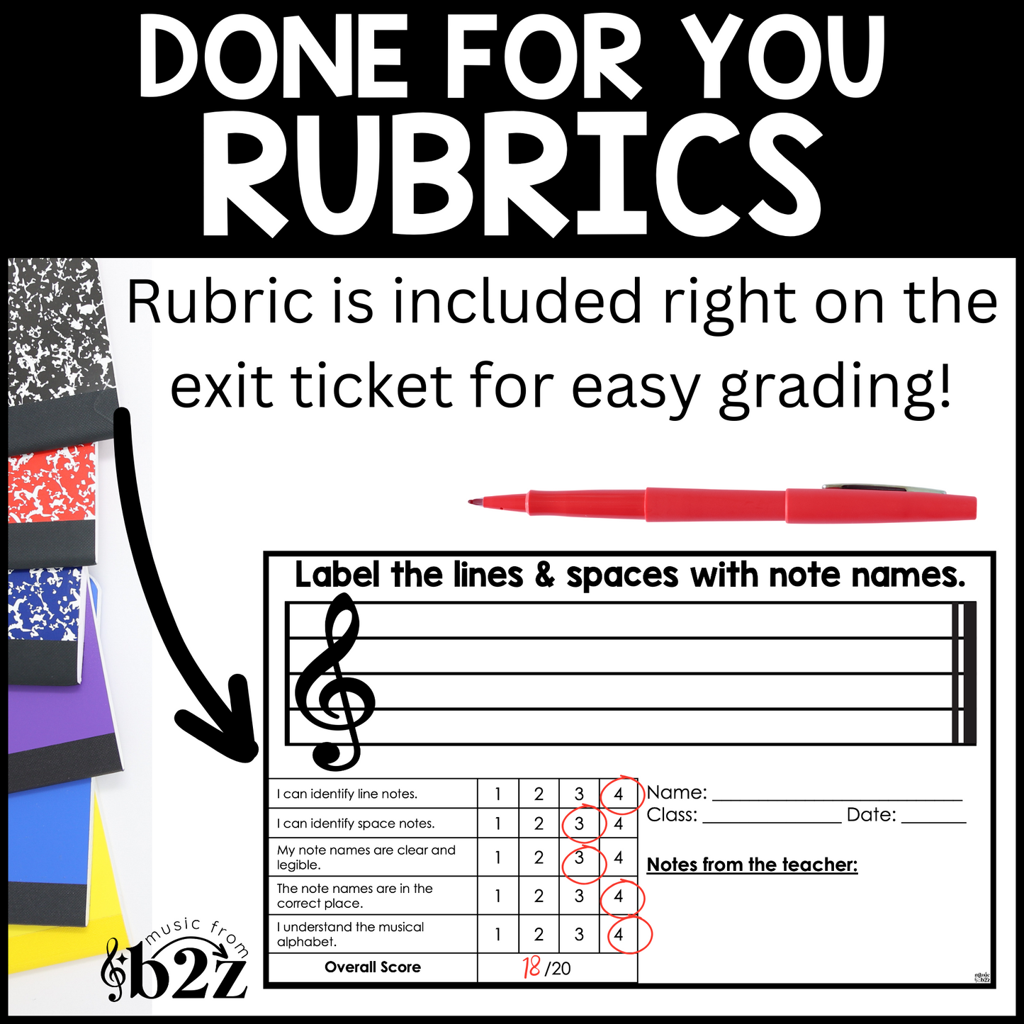 Treble Clef Exit Tickets & Rubrics Editable Elementary Music Assessment