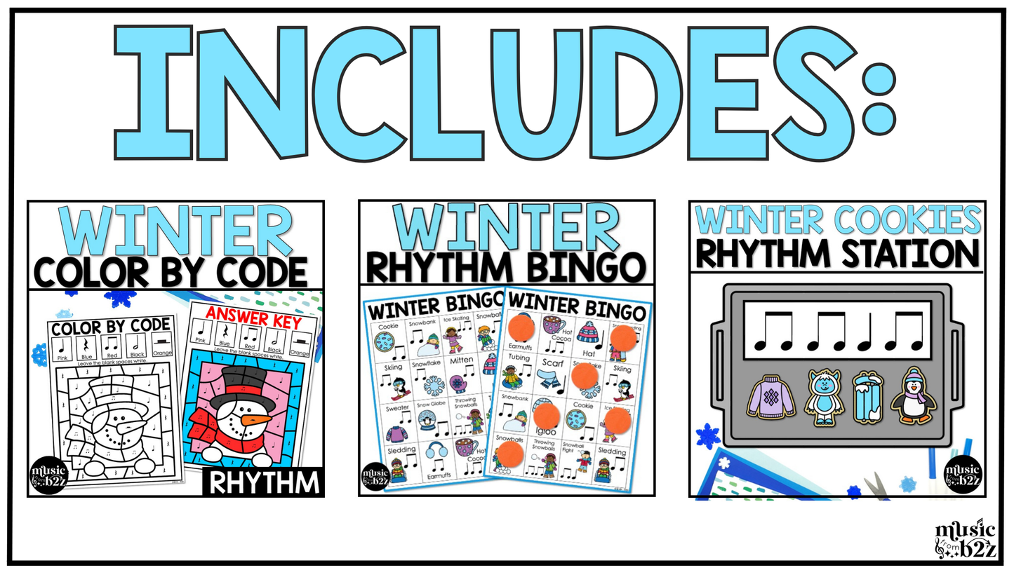 Winter Music Centers BUNDLE #1 Winter Rhythm Worksheets Music Games Sub Plans