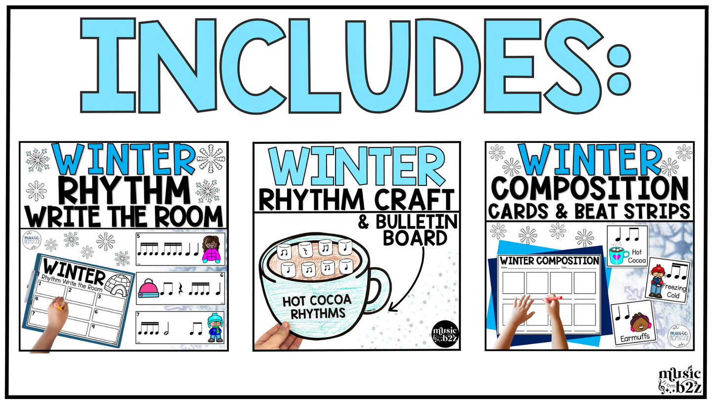Winter Music Centers BUNDLE #2 Winter Rhythm Worksheets Music Games Sub Plans