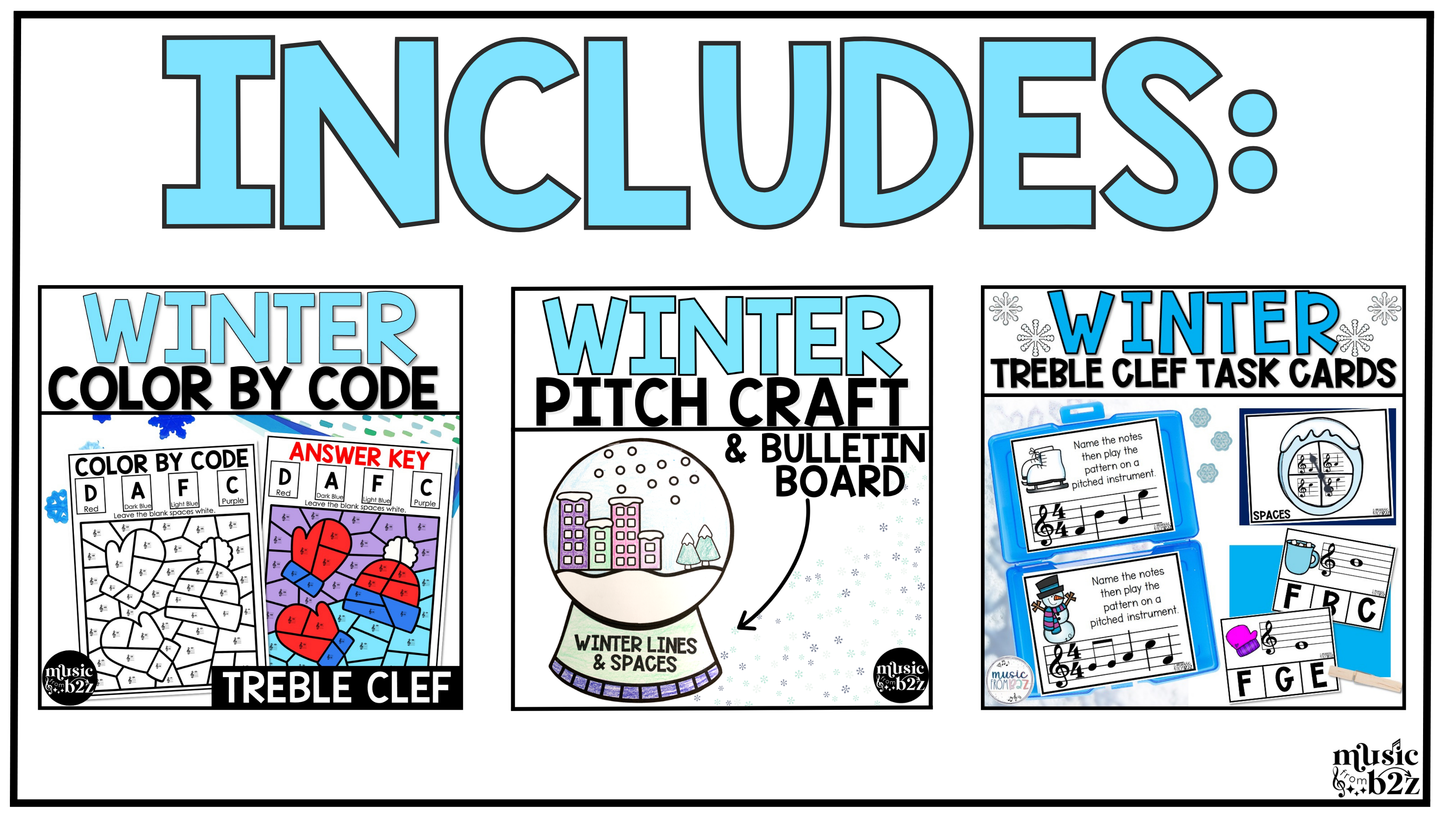 Winter Music Centers BUNDLE Winter Treble Clef Worksheets Music Games Sub Plans
