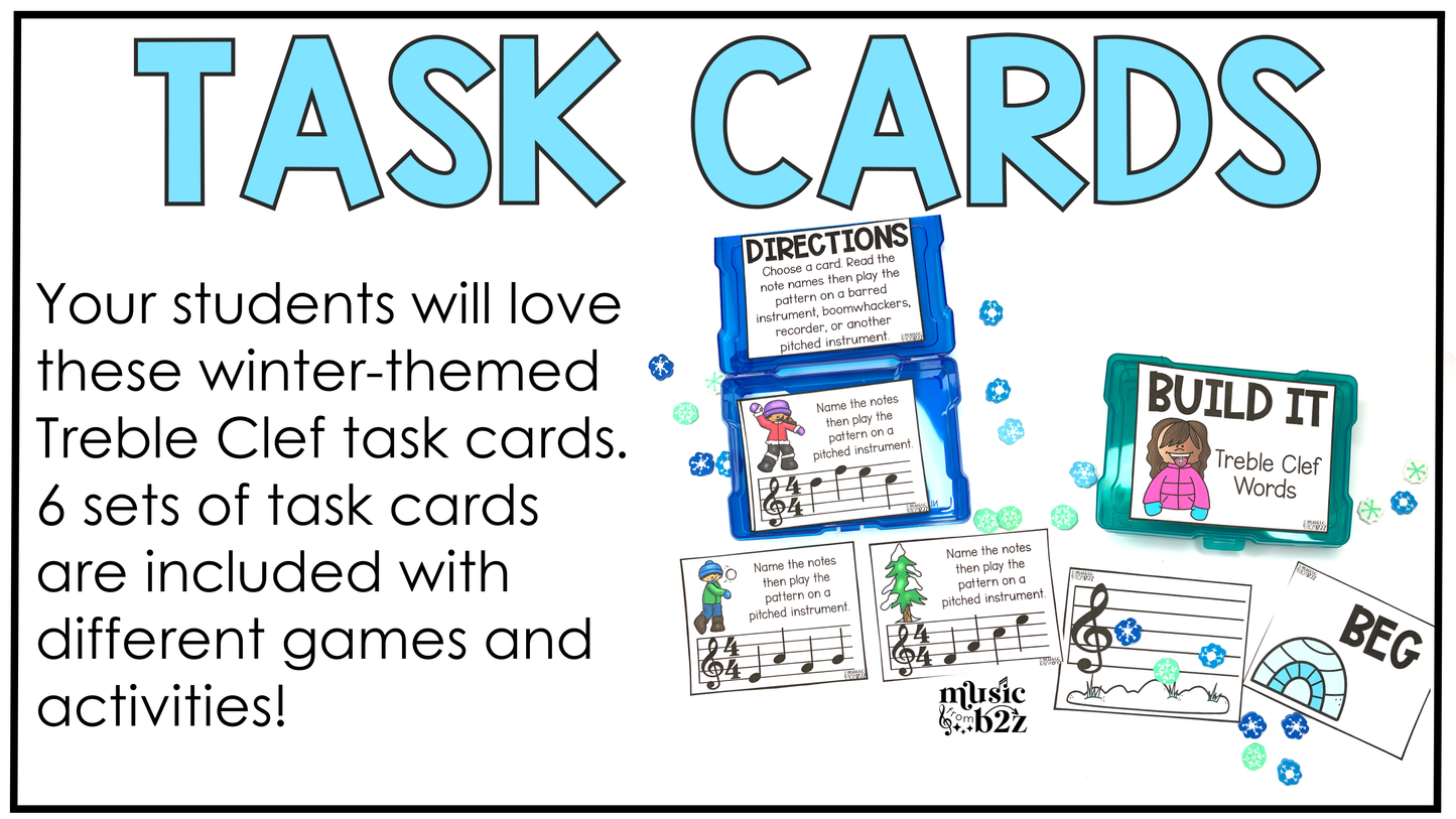 Winter Music Centers BUNDLE Winter Treble Clef Worksheets Music Games Sub Plans