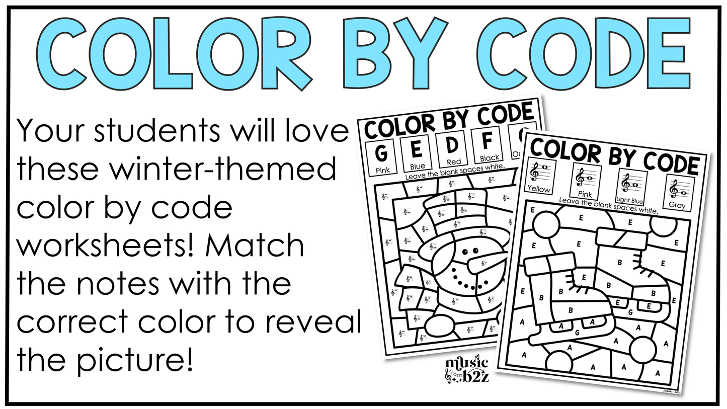 Winter Music Centers BUNDLE Winter Treble Clef Worksheets Music Games Sub Plans